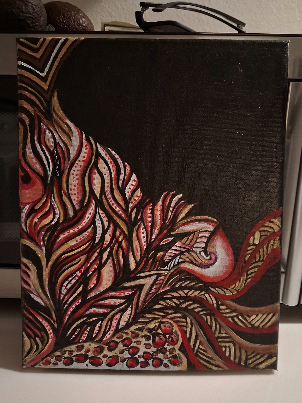 Abstract Feathered Flow Wall Art - Red, Black & Gold 8x10 Acrylic